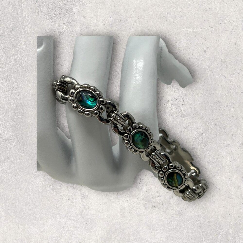 Silvertone Bracelet Faux Australian Opal‎ Stations 7"